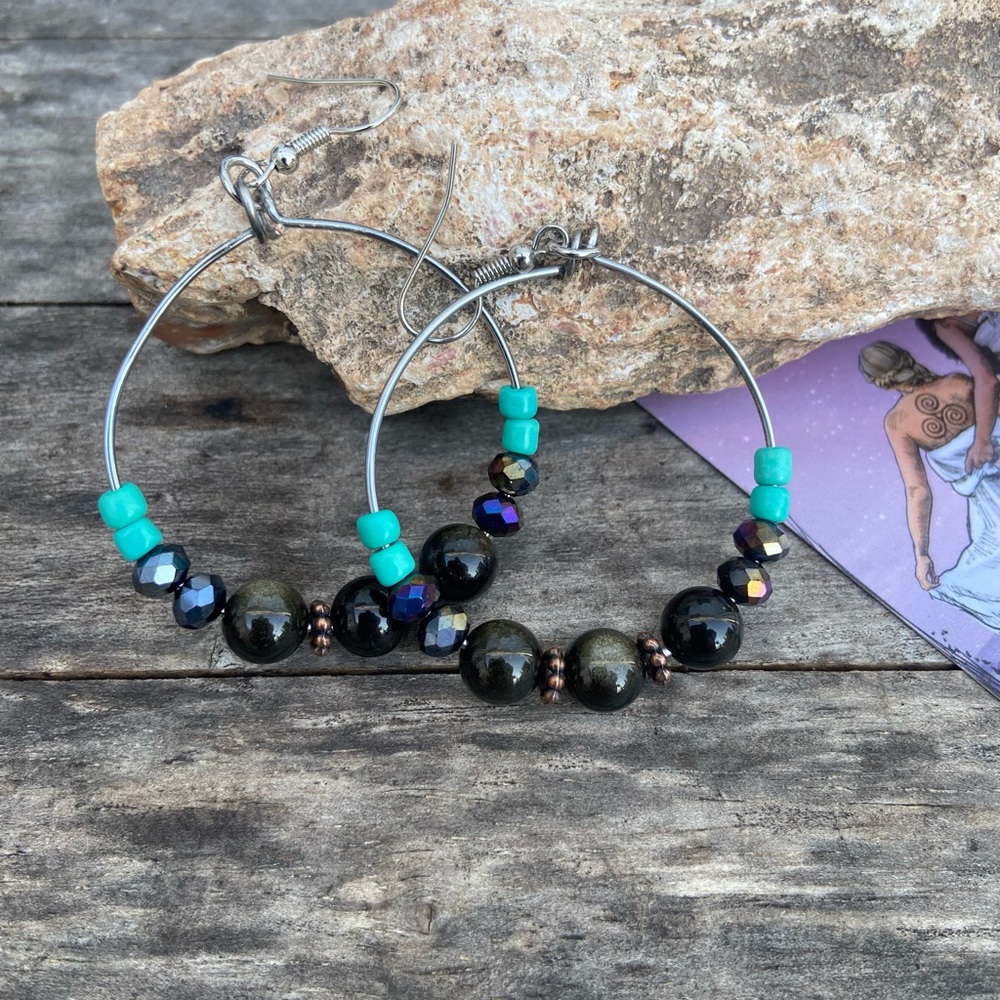 Wire Wrapped Gold Sheen Obsidian Gemstone Hoop Earrings